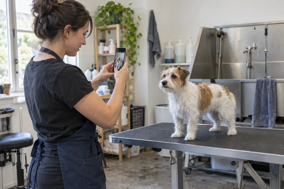 A dog groomer photographs a freshly groomed terrier in a bright studio.