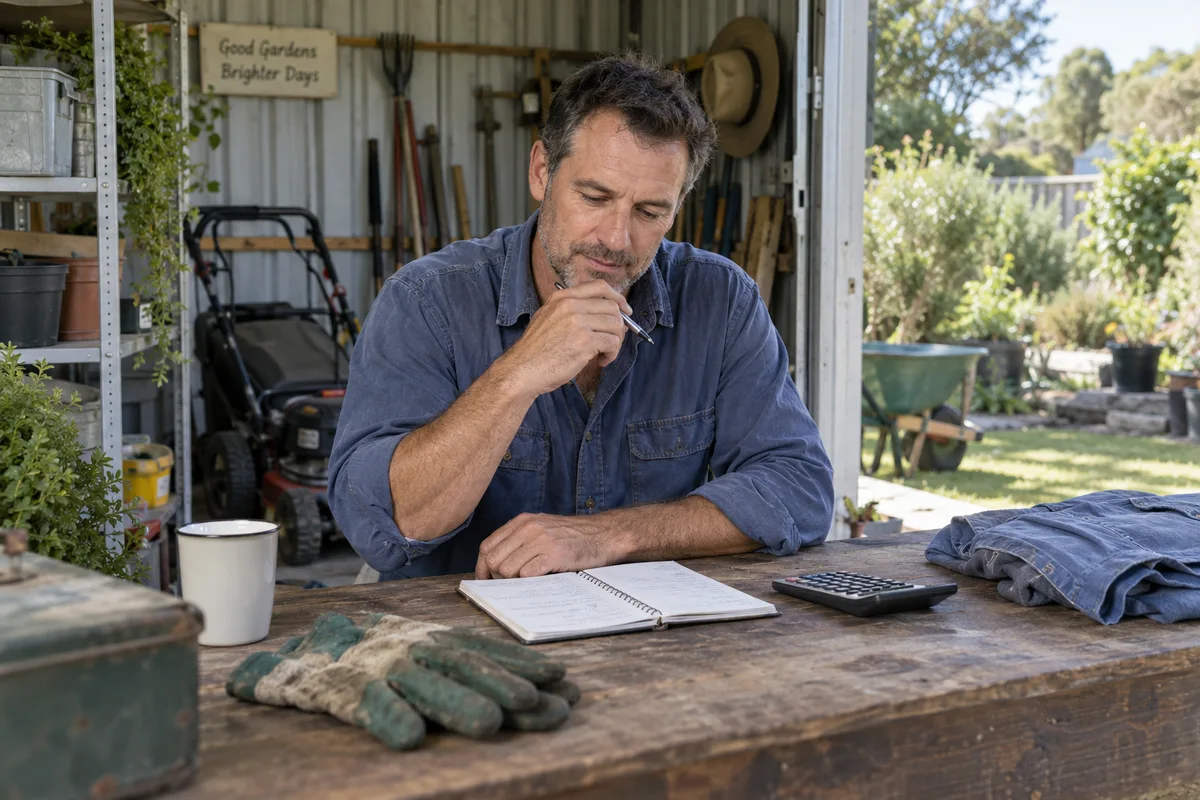 A gardener reviews a notebook and calculator at his shed workbench.