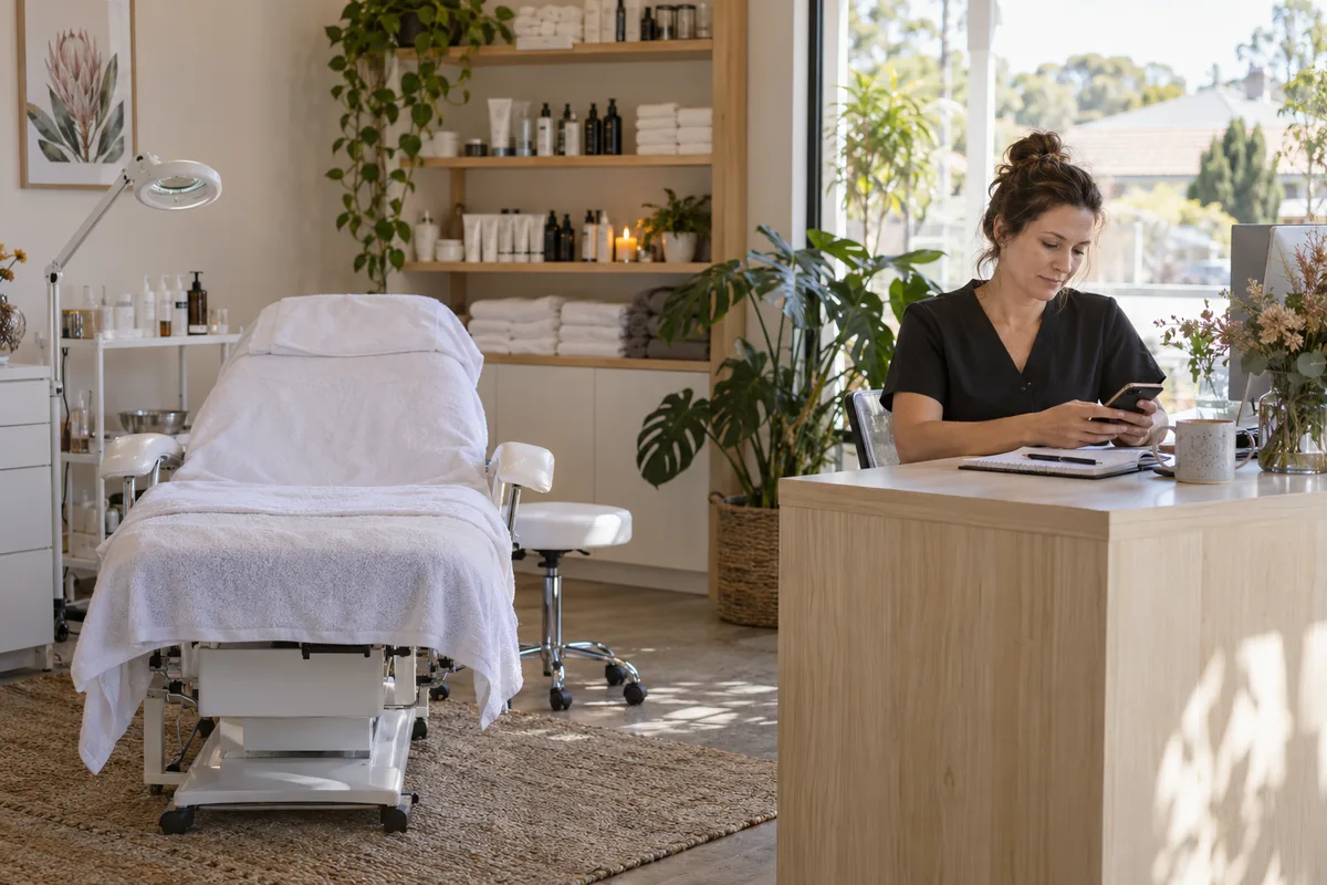 A salon owner checks her phone beside an empty treatment chair.